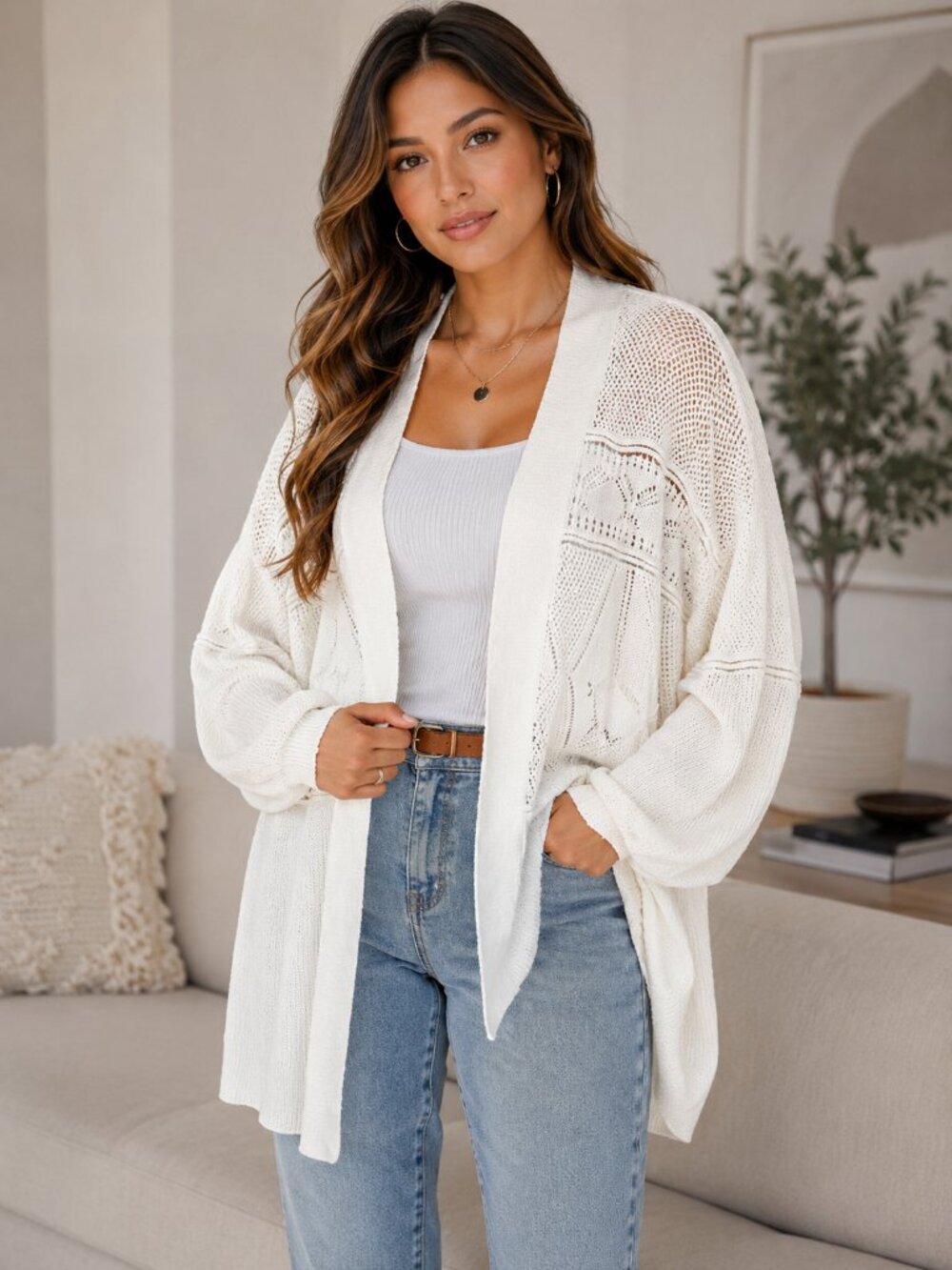 Express White Open Knit Long Cardigan Sweater Size L